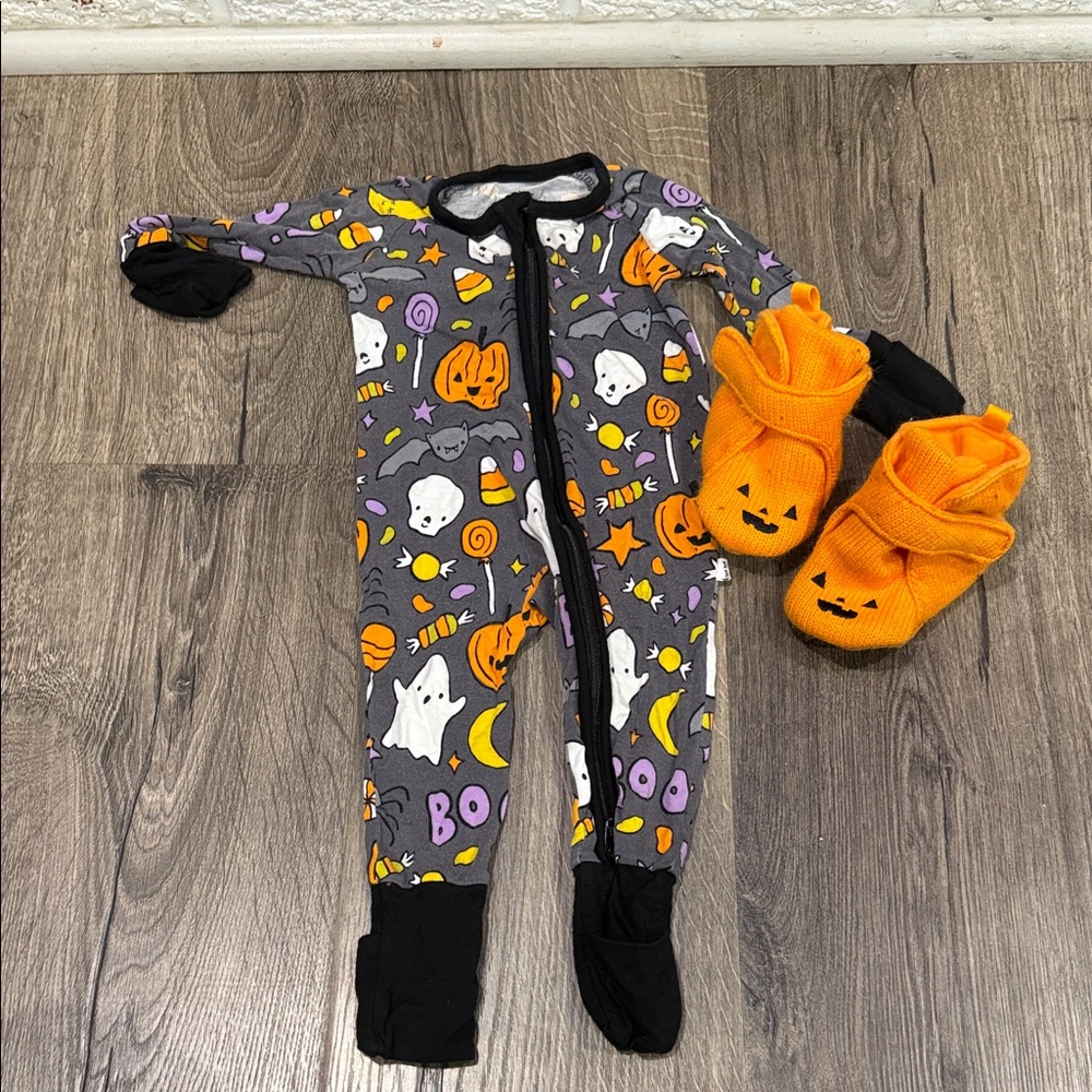 Little Sleepies Gray Halloween Footie Pajamas with Orange Pumpkin Booties